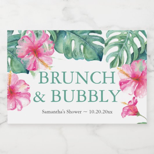 Waterverf Tropische roze bloemen Sparkling Wijnetiket (Enkel label)