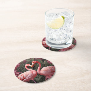 Waterverf Tropische Roze Flamingo Romance Ronde Kartonnen Onderzetter