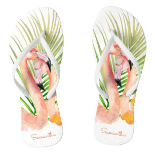 Waterverf Tropische Roze Flamingo's met Jouw naam Teenslippers