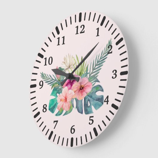 Waterverf Tropische Roze Hibiscus Flowers Grote Klok (Hoek)