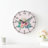 Waterverf Tropische Roze Hibiscus Flowers Grote Klok (Huis)