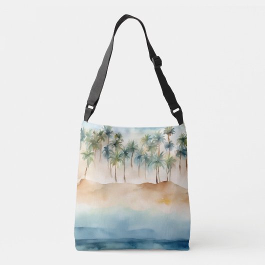 Waterverf Tropische Strand Scène Palmen Zand Oceaa Crossbody Tas (Achterkant)