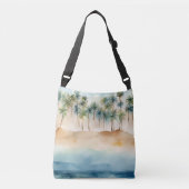 Waterverf Tropische Strand Scène Palmen Zand Oceaa Crossbody Tas (Voorkant)