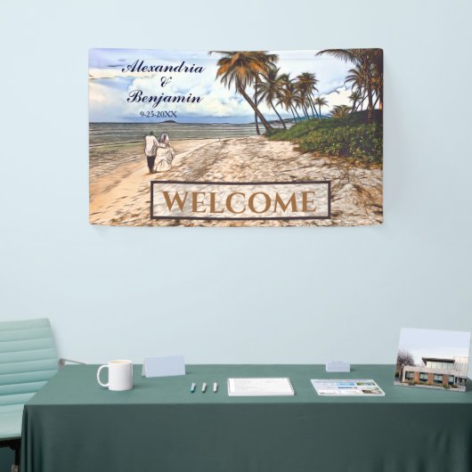 Waterverf Tropische strandbruiloft zomer - Aangepa Spandoek (Beurs)