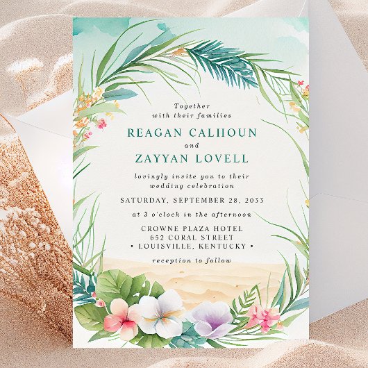 Waterverf Tropische vezel Beach Foliage Wedding Kaart