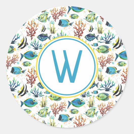 Waterverf tropische vissen monogram ronde sticker (Voorkant)