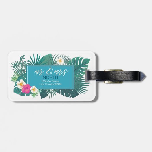 Waterverf Tropische w / Toucan Mr & Mrs Blauwgroen Bagagelabel (Achterkant horizontaal)