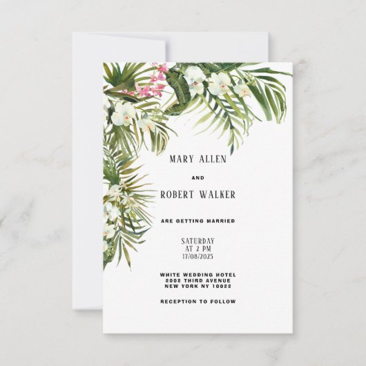 Waterverf tropische witte orchidee bloemenbruiloft kaart (Voorkant)