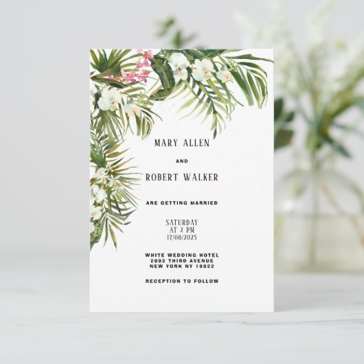Waterverf tropische witte orchidee bloemenbruiloft kaart (Staand voorkant)