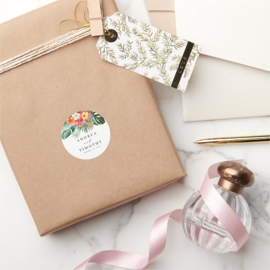 Waterverf Tropische Zomer Bruiloft Bloemengroen Ronde Sticker (Geschenken)