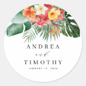 Waterverf Tropische Zomer Bruiloft Bloemengroen Ronde Sticker (Voorkant)