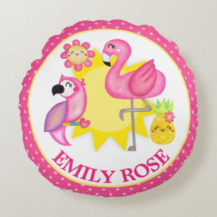 Waterverf Tropische Zomer Flamingo & Papegaai Rond Kussen