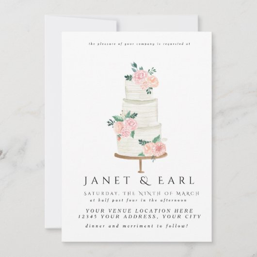 Waterverf Trouwtaart Bloemen Huwelijksuitnodiginge Kaart (Voorkant)