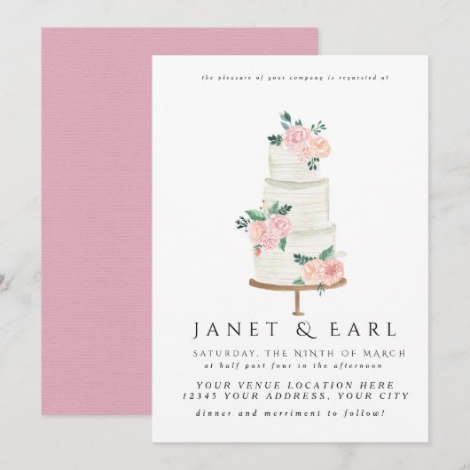 Waterverf Trouwtaart Bloemen Huwelijksuitnodiginge Kaart (Voorkant / Achterkant)