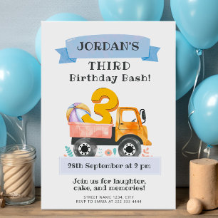 Waterverf truck derde verjaardagsfeest met speels kaart