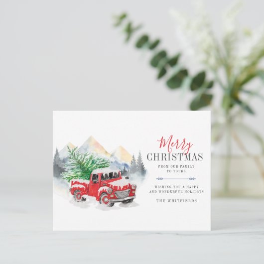 Waterverf truck en boom vrolijk kerstfeest feestdagenkaart (Staand voorkant)