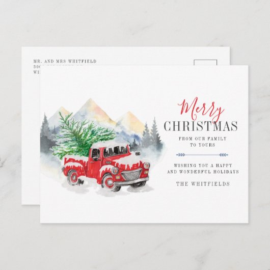 Waterverf truck en boom vrolijk kerstfeest feestdagenkaart (Voorkant / Achterkant)
