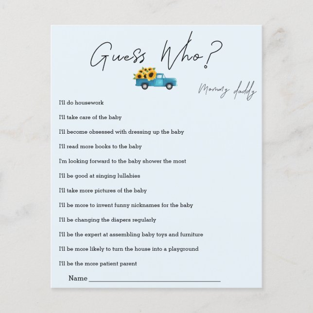 Waterverf Truck met Zonnebloemen Guess Who Game (Voorkant)