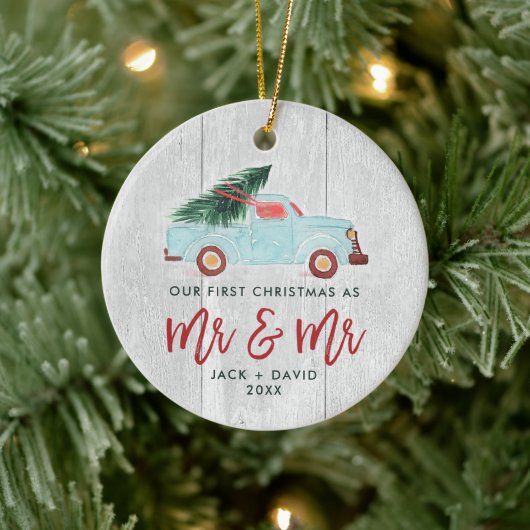 Waterverf Truck Personalized Mr & Mr Wedding Keramisch Ornament (Boom)