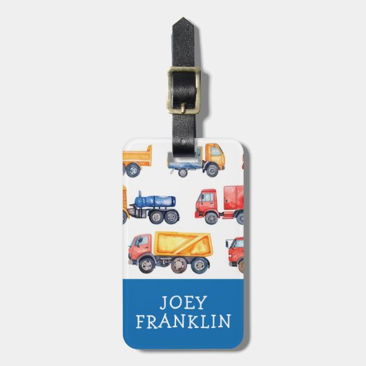 Waterverf Trucks Kinder Gepersonaliseerde Rugzak L Bagagelabel (Voorkant verticaal)