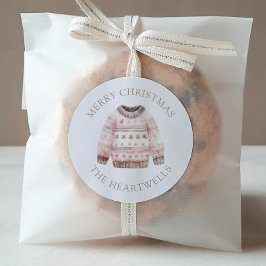 Waterverf trui gepersonaliseerd vrolijk kerstfeest ronde sticker