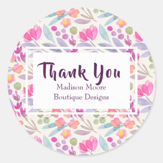 Waterverf Tuin Bloemen Bedrijf "Dank u" Ronde Sticker (Voorkant)