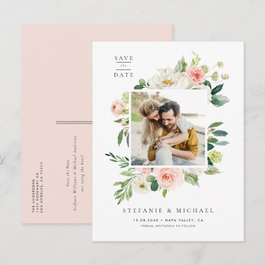 Waterverf Tuin Bloemen Foto Save the Date Aankondigingskaart (Voorkant / Achterkant)
