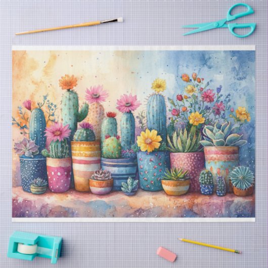 Waterverf Tuin Cactus en Bloemen Decoupage Tissuepapier (Craft)