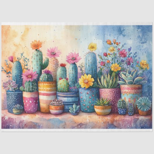 Waterverf Tuin Cactus en Bloemen Decoupage Tissuepapier (Voorkant)