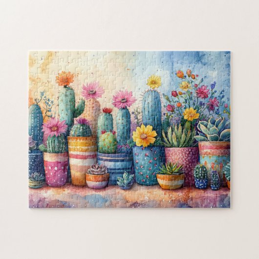 Waterverf tuin Cactus en bloemen Legpuzzel (Horizontaal)