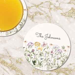 Waterverf Tuin met Wilde Bloemen en Monogram Zandsteen Onderzetter