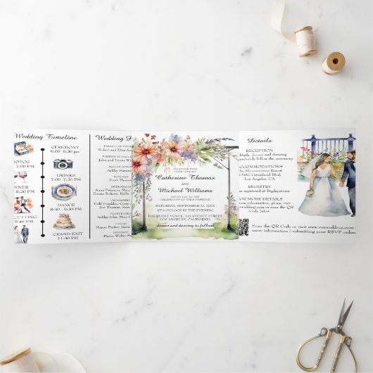 Waterverf Tuin Omheining Wildflower Bruiloft QR Co Drieluik Uitnodiging (Binnen)