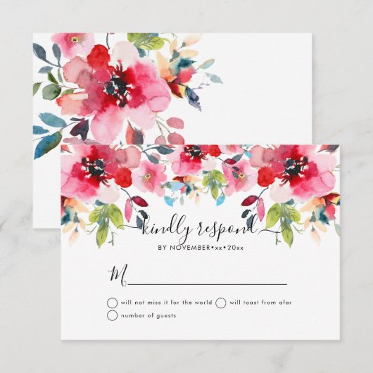 Waterverf Tuin Rozen, Rode Ombre RSVP Kaart (Voorkant / Achterkant)