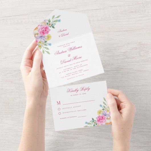 Waterverf Tuin Thee Party Roze Bloemen Bruiloft All In One Uitnodiging (Afscheurbaar)