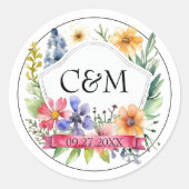 Waterverf tuin wilde bloemen bruiloft monogram ronde sticker (Voorkant)