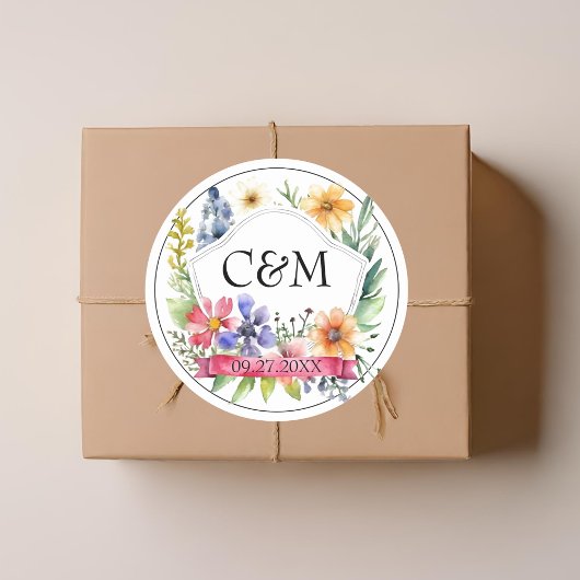 Waterverf tuin wilde bloemen bruiloft monogram ronde sticker