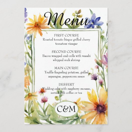Waterverf Tuin Wildflower Lente Bruiloft Menu (Voorkant)