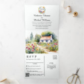 Waterverf Tuin Wildflower Lente Bruiloft QRCode Drieluik Uitnodiging (Binnen)