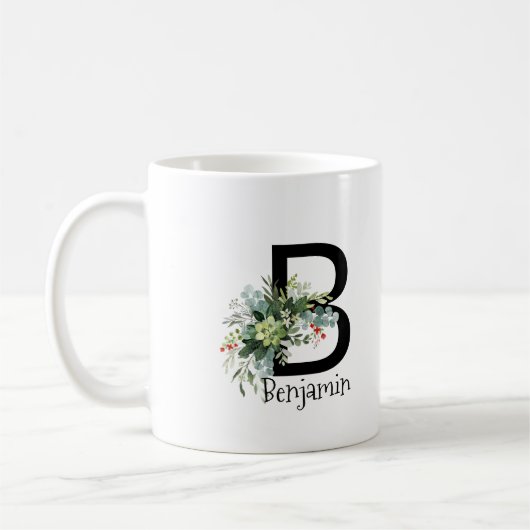 Waterverf tuinbloem monogram zwarte koffie mok (Links)