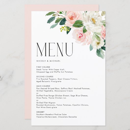 Waterverf  Tuinbloemen Bruiloft Menu Kaart (Voorkant / Achterkant)