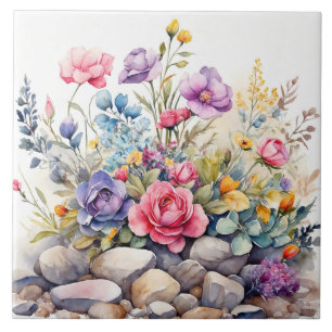 Waterverf Tuinbloemen op de rotsen Tegeltje