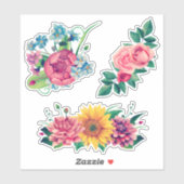 Waterverf tuinbloemen. Roze zomerbloemen Sticker (Vel)
