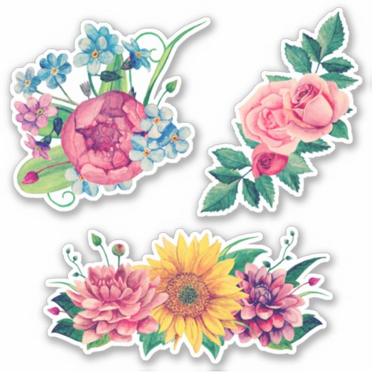Waterverf tuinbloemen. Roze zomerbloemen Sticker (Voorkant)