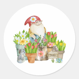Waterverf tuinkabouter met bloemen en kat ronde sticker