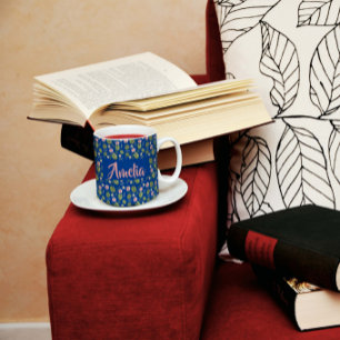 Waterverf tuinroze blauwe mok koffie