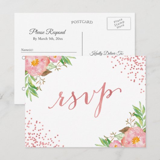 Waterverf Tuinroze Confetti RSVP Antwoord Uitnodiging Briefkaart (Voorkant / Achterkant)