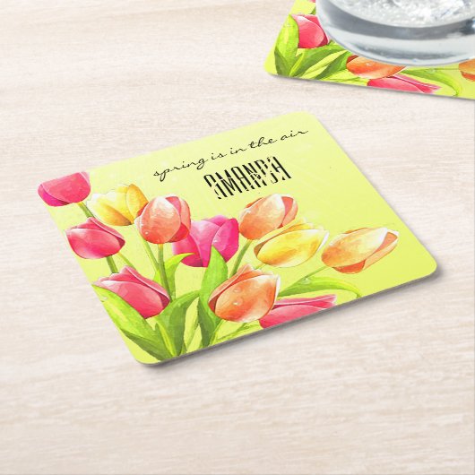 Waterverf Tulips Bouquet Monogram Kartonnen Onderzetters (Schuin)