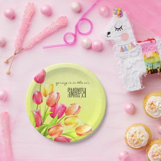 Waterverf Tulips Bouquet Monogram Papieren Bordje (Feest)