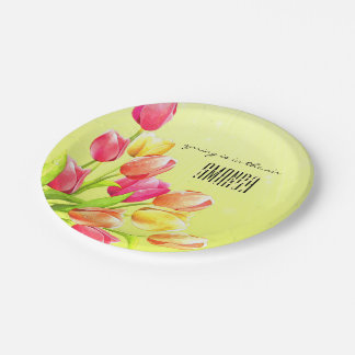 Waterverf Tulips Bouquet Monogram Papieren Bordje