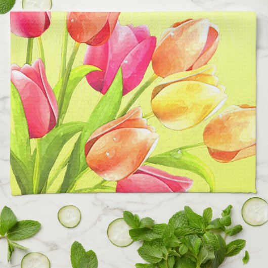 Waterverf Tulips Bouquet Monogram Theedoek (Gevouwen)